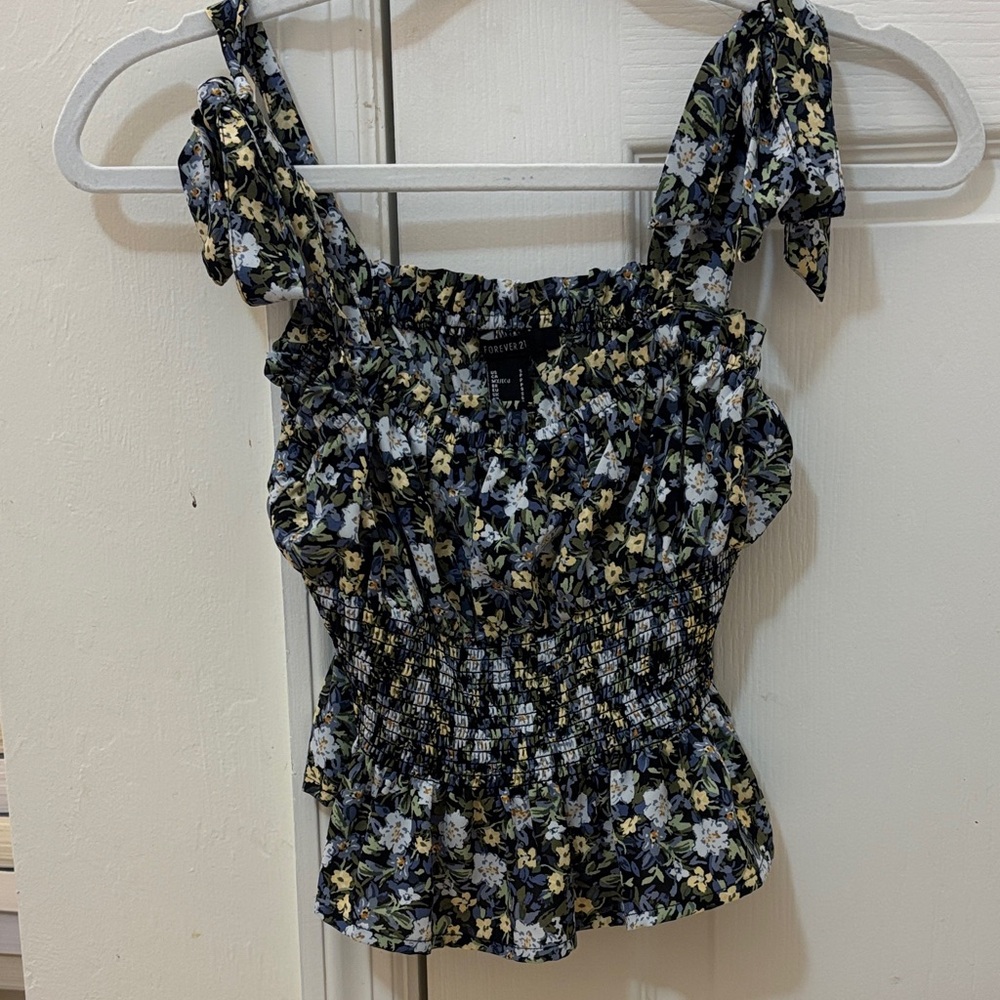 Forever 21 Black Floral Smocked Blouse